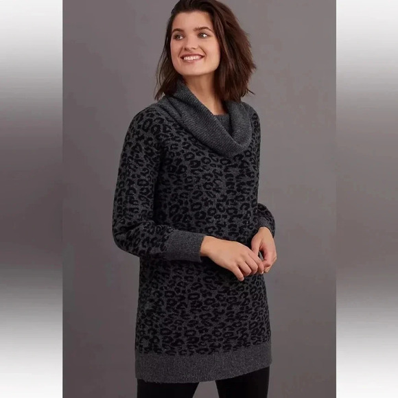 Anthropologie Emmy Cowl Neck Tunic Sweater Leopard Print Gray Black Wool Size XS - Picture 9 of 9